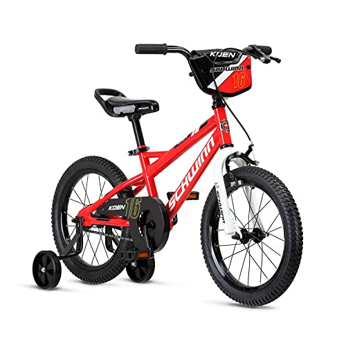 Schwinn Koen & Elm Toddler and Kids Bike, For Girls and Boys, 16-Inch Wheels, BMX Style, With Saddle Handle, Training Wheels Included, Chain Guard, and Number Plate, Red