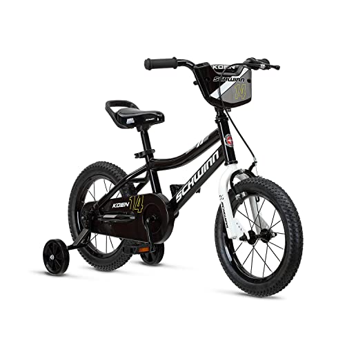 Schwinn Koen & Elm Toddler and Kids Bike, For Girls and Boys, 14-Inch Wheels, BMX Style, With Saddle Handle, Training Wheels Included, Chain Guard, and Number Plate, Black