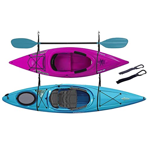 ZUJARA Double Kayak Storage Straps System Comes with 2 Carabiner Paddle Clips – Double Kayak Hanger, Alternative to Kayak Rack for Garage