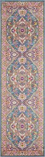 Nourison Passion Bohemian Teal Multicolor 2’2″ x 7’6″ Area -Rug, Easy -Cleaning, Non Shedding, Bed Room, Living Room, Dining Room, Kitchen (2×8)