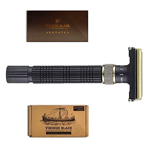 Adjustable Double Edge Safety Razor, The Emperor by VIKINGS BLADE, Long & Fat Handle, Butterfly Twist-To-Open, Eco Friendly, Luxury Case. Smooth, Close, Clean Shaving Razor (Variation: Augustus)