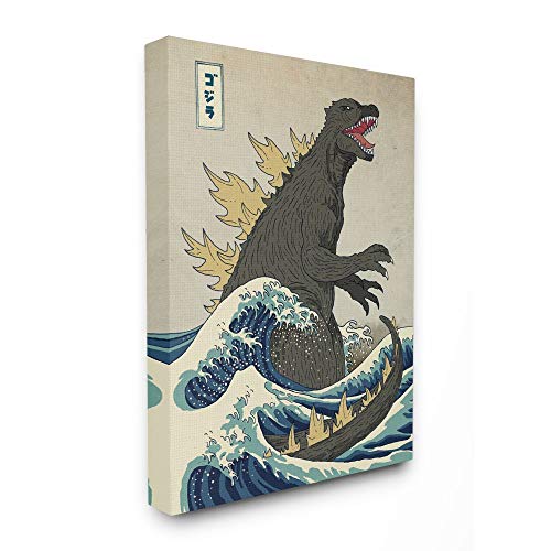 Stupell Industries Godzilla in The Waves Eastern Poster Style Illustration Canvas Wall Art, 16 x 20, Design by Artist Michael Buxton