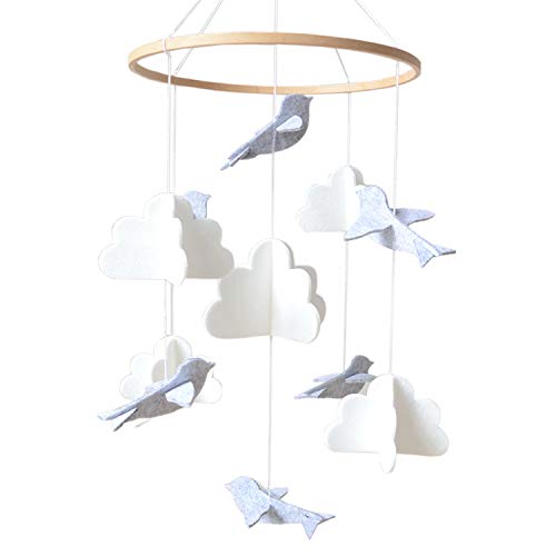 Sorrel + Fern Baby Crib Mobile (Birds and Clouds) – Felt Nursery Ceiling Decoration and Baby Shower for Girls & Boys – Grey & White