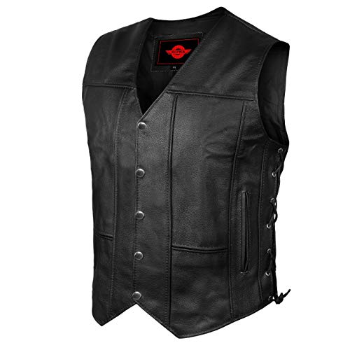 Jayefo Leather Motorcycle Vest for Men Riding Club Black Biker Vests With Concealed Carry Gun Pocket Cruise Vintage (7XL)