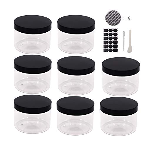 12 Pack 8 OZ Round Clear Plastic Jars With Black Lids, A Spatula, A Pen & Labels – BPA Free PET Container for Cosmetics, Cream, Bathroom, Kitchen, Gifts & Travel Plastic Slime Storage Jars by ZMYBCPACK