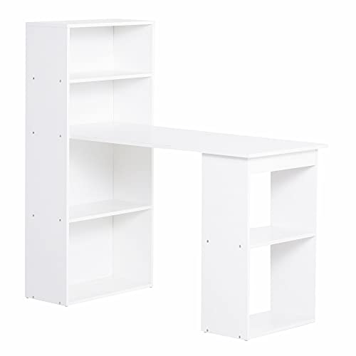 HOMCOM Modern Home Office Desk with 6-Tier Storage Shelves, 47″ Writing Table with Bookshelf, White