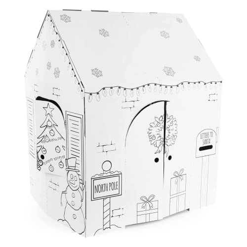 Easy Playhouse Holiday Cottage – Kids Art & Craft for Indoor Fun, Color, Draw, Doodle on a Festive North Pole House – Decorate & Personalize a Cardboard Fort, 32″ X 26.5″ X 40.5″ – Made in USA, Age 3+