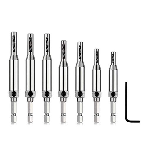 Self Centering Drill Bit with Hex Key 8 Pack, Hinge Set Tools Hole Alignment Bits 5/64” 7/64” 9/64” 11/64” 13/64” 5mm 1/4” for Woodworking Steel Metal