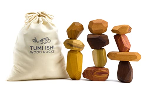Tumi Ishi 11 Piece Wood Rock Set – Mixed Wood Species – Balancing Blocks – Natural Wood Toy – Organic Jojoba oil and Beeswax Finish – Handmade Wooden Toys – Sensory Toy – USA Made – Personalizable