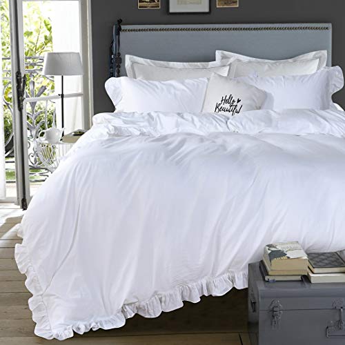 QSH White Ruffle Twin Duvet Cover,100% Washed Cotton Shabby Boho Chic Farmhouse Bedding Comforter Cover 3 Pieces Kids Duvet Quilt Cover Twin Ultra Soft Aesthetic Cute Girls Teen kids Bedding