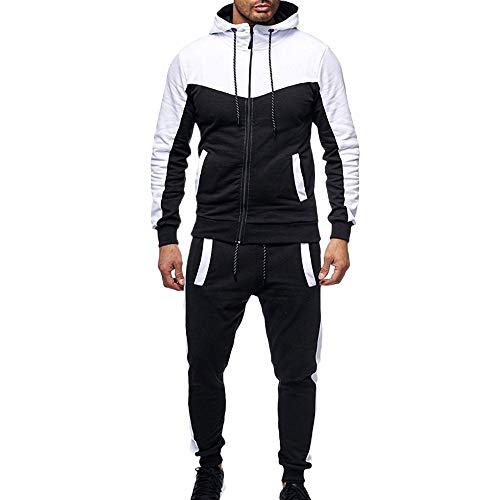 Gergeos Clearance Men’s Packwork Tracksuit Running Joggers Sports Autumn Winter Warm Hoodie Sweatsuit(White,XXX-Large)