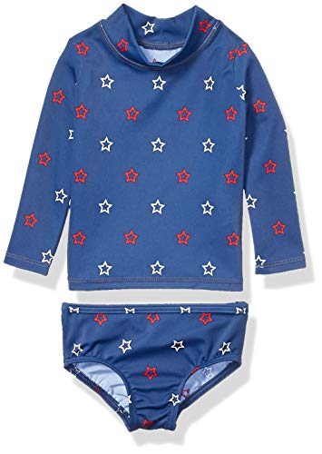 Amazon Essentials Baby Girls’ UPF 50+ 2-Piece Long-Sleeve Rash Guard Set, Blue, Stars, 18 Months