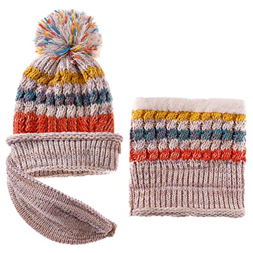 FANZERO Womens Girls Knit Beanie Scarf Mask Set Soft Warm Fleece Lined Winter Ski Hat with Pompom (Beige)