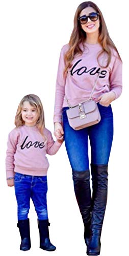 Y&TBABY Mommy and Me Shirt Love Print Long Sleeve Round Neck Sweatshirt Tops Family Matching Clothes Outfits (Daughter/6-7T) Pink