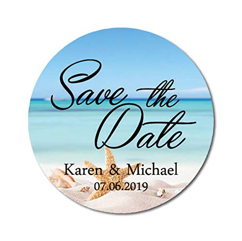 Darling Souvenir Round Starfish Beach Photo Save The Date Stickers Personalized Bride Groom Names and Date Envelope Seals 45 Pieces
