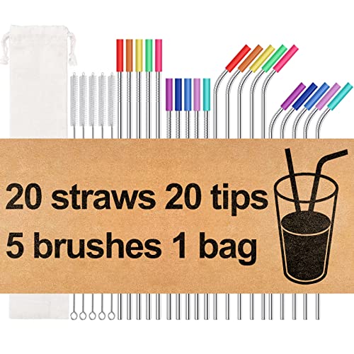 20 Pack Reusable Stainless Steel Metal Straws,10.5″ & 8.5″ Reusable Drinking Straws with 20 Silicone Tips 5 Straw Brushes 1 Travel Case,Eco Friendly Extra Long Metal Straw Fit for 20 24 30 oz Tumbler