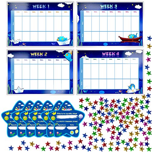 Potty Training Reward Chart with 4X Waterproof Weekly Charts, 6X Diploma, 600X Colorful Stars. Perfect for Multiple Toddlers’ Motivational Toilet Training (Each Chart 11” X 7”)