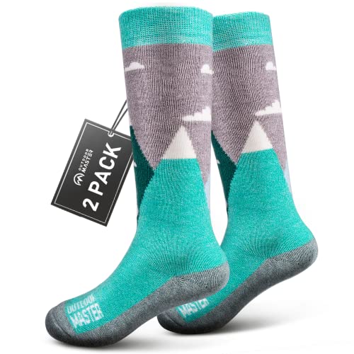 OutdoorMaster Kids Ski Socks – Merino Wool Blend, Over the Calf Design (S, Green – 2)