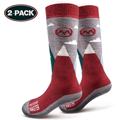 OutdoorMaster Kids Ski Socks – Merino Wool Blend, Over the Calf Design (S, Red – 2)