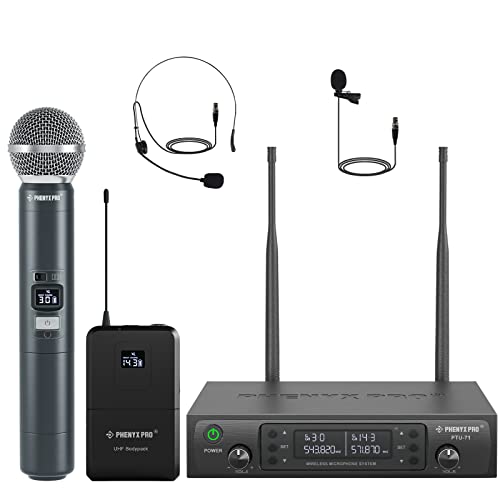 Phenyx Pro Wireless Microphone System, Dual Wireless Mic Set with Handheld Microphone/Bodypack/Headset/Lapel Mics, 2×100 UHF Channels, 328ft Range, Cordless Mic for Singing, Church (PTU-71-1H1B)
