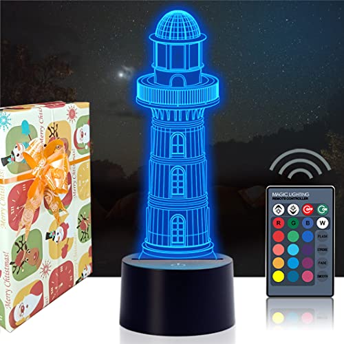 Urwise 3D Optical Illusion Lighthouse Night Lights, 3D Lighthouse Lamp 16 Color Variations, Smart Touch Button USB and Battery Power, Amazing Creative Art Design for Children’s 3717