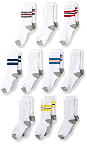 Amazon Essentials Boys’ Cotton Crew Gym Socks, 10 Pairs, White, Stripe, Medium