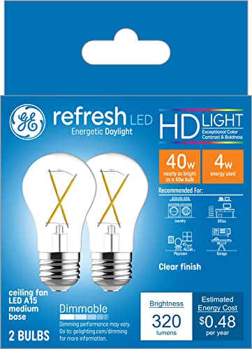 GE Refresh LED Light Bulbs, 40 Watt Eqv, Daylight, A15 Ceiling Fan Bulbs, Clear, Medium Base (2 Pack)