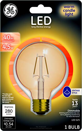GE Lighting 98633 Amber Glass Light Bulb Dimmable LED Vintage Style G25 Decorative Globe 4.5 (40-Watt Replacement), 280-Lumen Medium Base, 1-Pack, Soft White