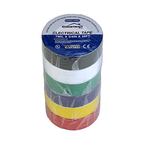 Construct Pro 3/4in x 30ft UL-Listed Electrical Tape, 6 Pack (Multi-Color)