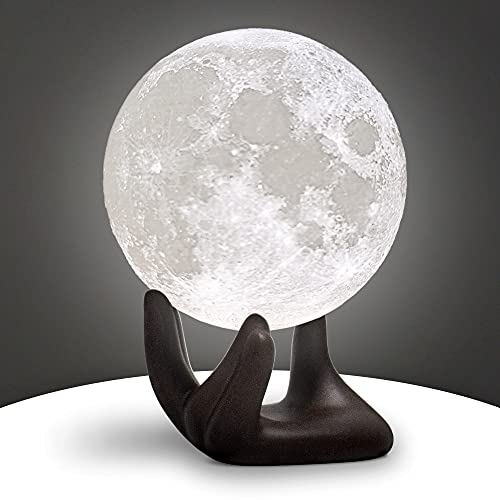 BRIGHTWORLD Moon Lamp, 3.5 inch 3D Printing Lunar Lamp Night Light with Black Hand Stand as Kids Women Girls Boy Birthday Gift, USB Charging Touch Control Brightness Two Tone Warm Cool White
