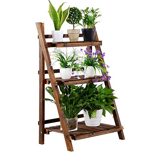 Yaheetech Folding Plant Stand Wooden Foldable Plant Shelf 3-Tier Flower Pot Stand Plants Display Shelf Rack Ladder Garden Indoors Outdoors 23.6 x 15 x 36.6in