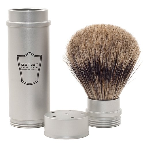 Parker Safety Razor, Full Size Travel Shaving Brush with Pure Badger Bristles – Ingenious Design Stores the Brush Head in the Handle Making the Brush Compact for Travel