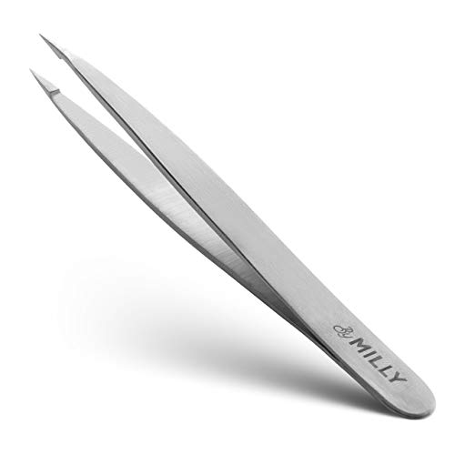 By MILLY Pointed Tweezers – Hammer Forged 100% German Steel, Point-Tip Precision Tweezers for Ingrown Hair, Eyebrows, Facial Hair, Splinters, Glass Removal – Perfectly Aligned, Hand-Filed – Silver