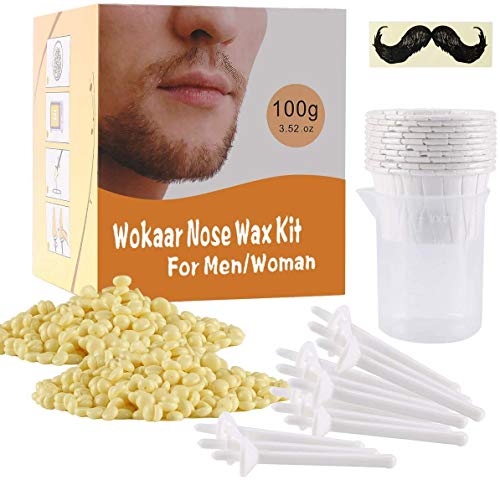 Nose Wax Kit, 100g Wax, 30 Applicators. Nose Ear Hair Instant Removal Kits from Wokaar (15-20 Times Usage ).Nostril Waxing Kit for Men and Women, Safe Easy Quick & Painless.10 Mustache Guards,15pcs Paper Cup