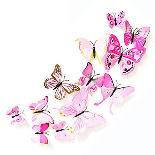 JYPHM 24PCS 3D Butterfly Wall Decal Removable Refrigerator Magnets Stickers Decor for Kids Room Decoration Home and Bedroom Art Mural Pink