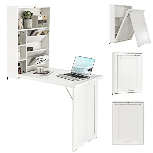 Tangkula Wall Mounted Desk, Fold Out Convertible Floating , Multi-Function Murphy Desk for Home Office, Space Saving Computer / Hanging Desk, Table with Storage Area