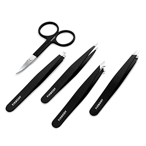 FIXBODY Tweezers Set 5-Piece – Professional Stainless Steel Tweezers with Curved Scissors, Best Precision Tweezer for Eyebrows, Splinter & Ingrown Hair Removal with Leather Travel Case