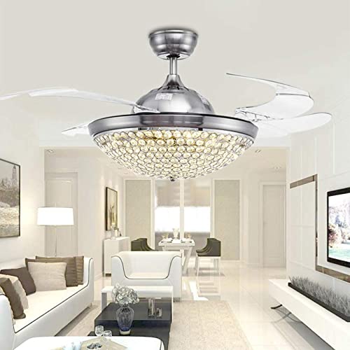 42” Panda Lighting Crystal Ceiling Fan with Light Modern Retractable Blades LED 3-Color 3-Speed Round Bowl Fan Chandelier Remote Control Indoor Fandelier Fixture Living Room, Silver