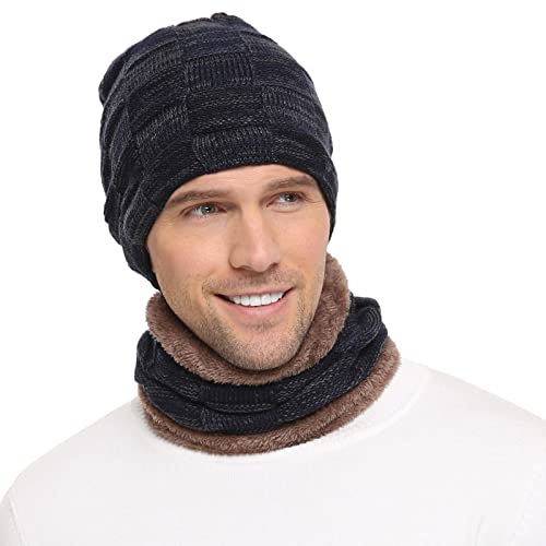 Mens Winter Beanie Hats Scarf Set Warm Knit Hats Skull Cap Neck Warmer with Thick Fleece Lined Winter Hat & Scarf for Women