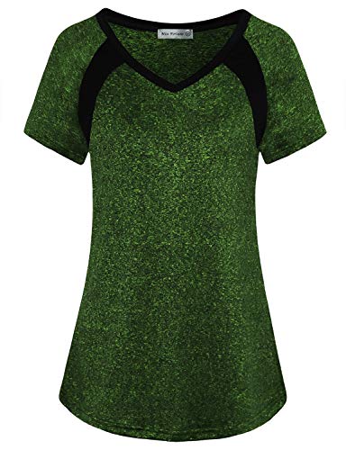 MISS FORTUNE Womens Running Short Sleeve,Fitness Yoga Tops Activewear Athletic Tshirts Moisture Wicking Hiking Shirts V Neck Outdoor Gym Exercise Clothes,Green XXL