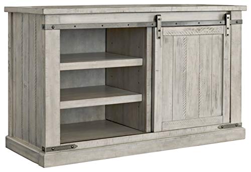 Signature Design by Ashley Carynhurst Farmhouse TV Stand Fits TVs up to 48″, Sliding Barn Door with 4 Adjustable Shelves, Whitewash, Grey