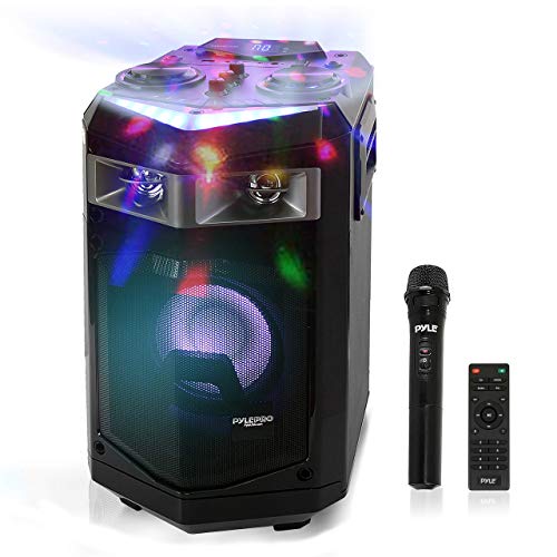 Portable PA Speaker Powered Rechargeable Outdoor Speaker Microphone Set with Mic Talkover MP3 USB SD FM Radio AUX, LED Dj Lights, Black, Pyle PWMKRDJ84BT (System-500W BT Connectivity)