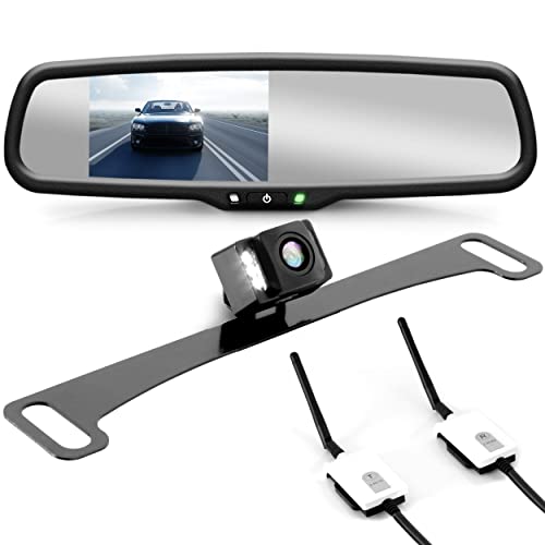 Pyle Wireless Backup Rear View Camera – Waterproof License Plate Car Parking Rearview Reverse Safety/Vehicle Monitor System w/ 4.3” Mirror Video LCD, Distance Scale Lines, Night Vision – PLCM4590WIR