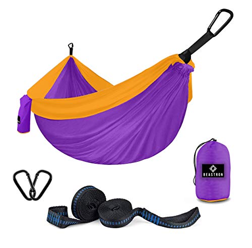 Beastron Portable Double Camping Hammock Parachute Nylon Two Person Bed with Tree Straps for Backpacking, Hiking, Travel, Beach and Yard, Violet/Gold