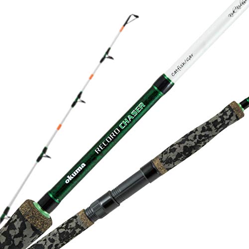 Okuma, Record Chaser Catfish/Alligator Gar 2 Piece Spinning Rod, 7’6″ Length, 6″ Foregrip, 13 3/4″ Reargrip, 12-30 lb Line Rate, 1-4 oz Lure Rate, White with Green & Black wrap. (RC-S-762MH)