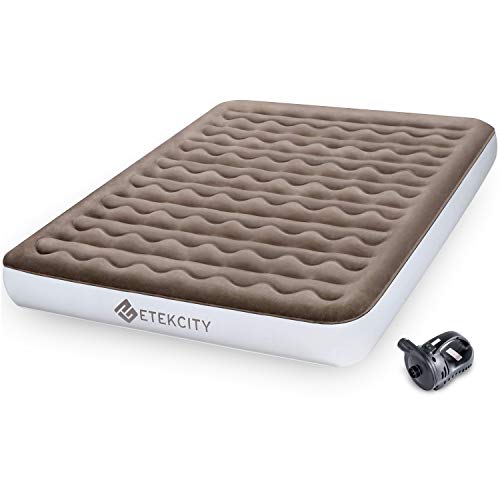 Etekcity Camping Air Mattress, Inflatable Mattress Air Bed Queen Twin with Rechargeable Pump, Leak-Proof Blow Up Mattress Raised Airbed , Height 9″, Storage Bag , Brown