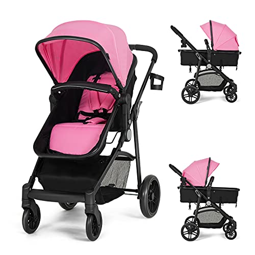 HONEY JOY Baby Stroller, High Landscape Convertible Infant Bassinet Stroller, Adjustable Canopy & Backrest, Storage Basket, Cup Holder, Foldable Newborn Carriage Pram Stroller Pink)