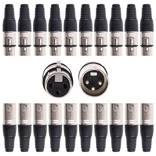 Glarks 20 Pack XLR 3 Pin Male/Female Plugs Audio Mic Microphone Cable Plug Connector Audio Socket, Black Sliver Housing