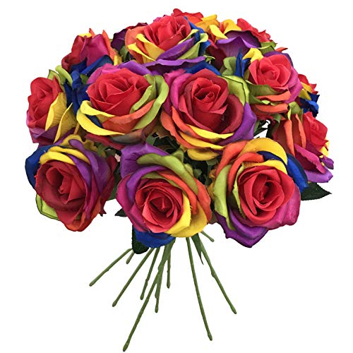BELLAUSA 15 Pcs Rainbow Roses Silk Artificial Rose Flowers Home Decorations for Wedding Party or Birthday Garden Bridal Bouquet Flower Saint Party Event (Rainbow Rose)