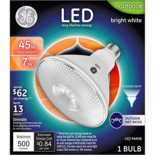 GE Lighting 38460 LED Flood Light Bulb, Bright White, Clear, Par38, 500 Lumens, 7-Watts – Quantity 1